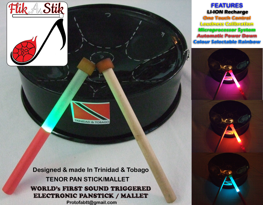 Flik-a-Stik electronic tenor pansticks illuminated on a Trinidad and Tobago steelpan